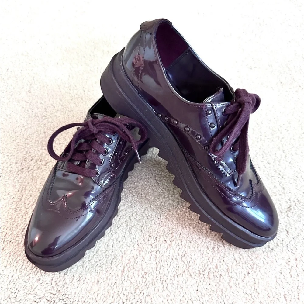 Zara Burgundy Patent Leather Platform Brogues - Size 7.5